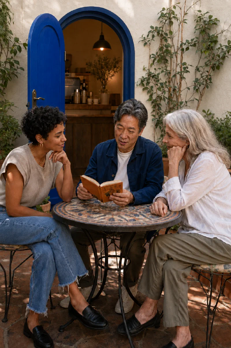 Illustrative BlueDoor scene: three adults sharing a book in a warm-white café courtyard beside a blue door opening to the left.