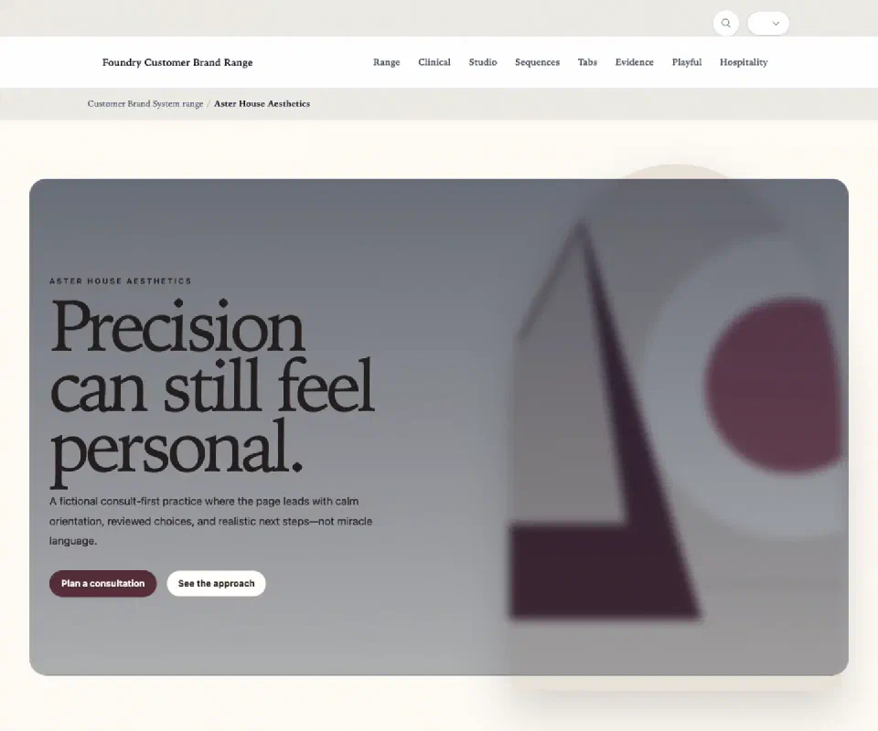 Fictional aesthetics website study with restrained type and a consultation path.