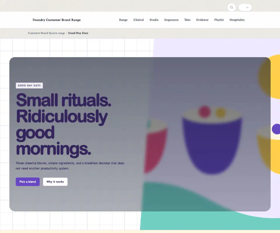 Fictional breakfast brand website study with colorful illustration and product choices.