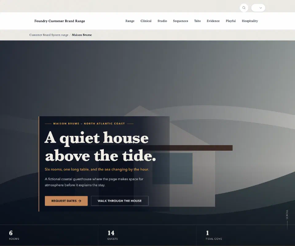 Fictional coastal retreat website study with atmospheric photography and a booking invitation.