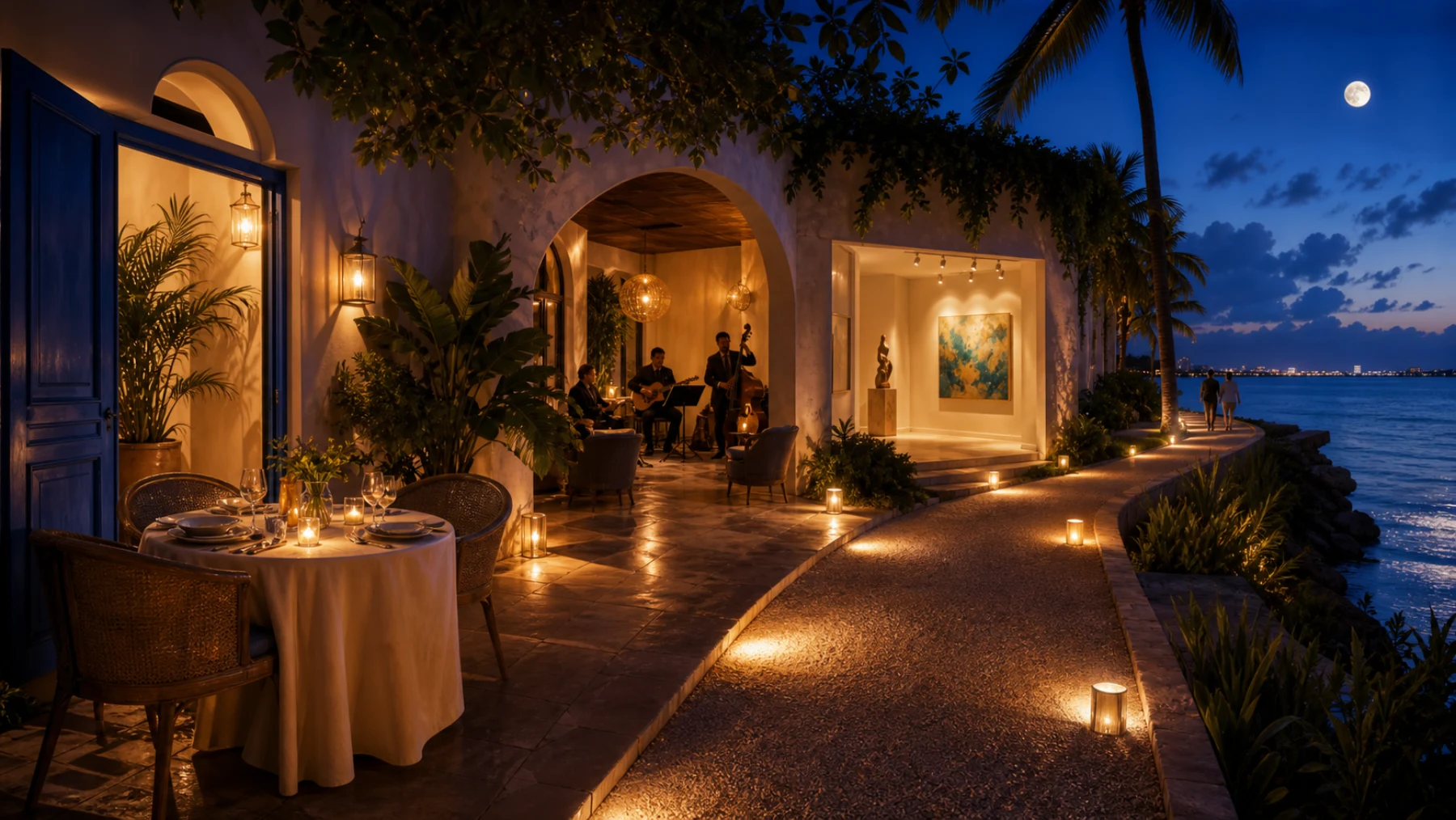 A continuous South Florida evening scene moving from an intimate dinner to live music, a gallery, and a moonlit waterfront walk.