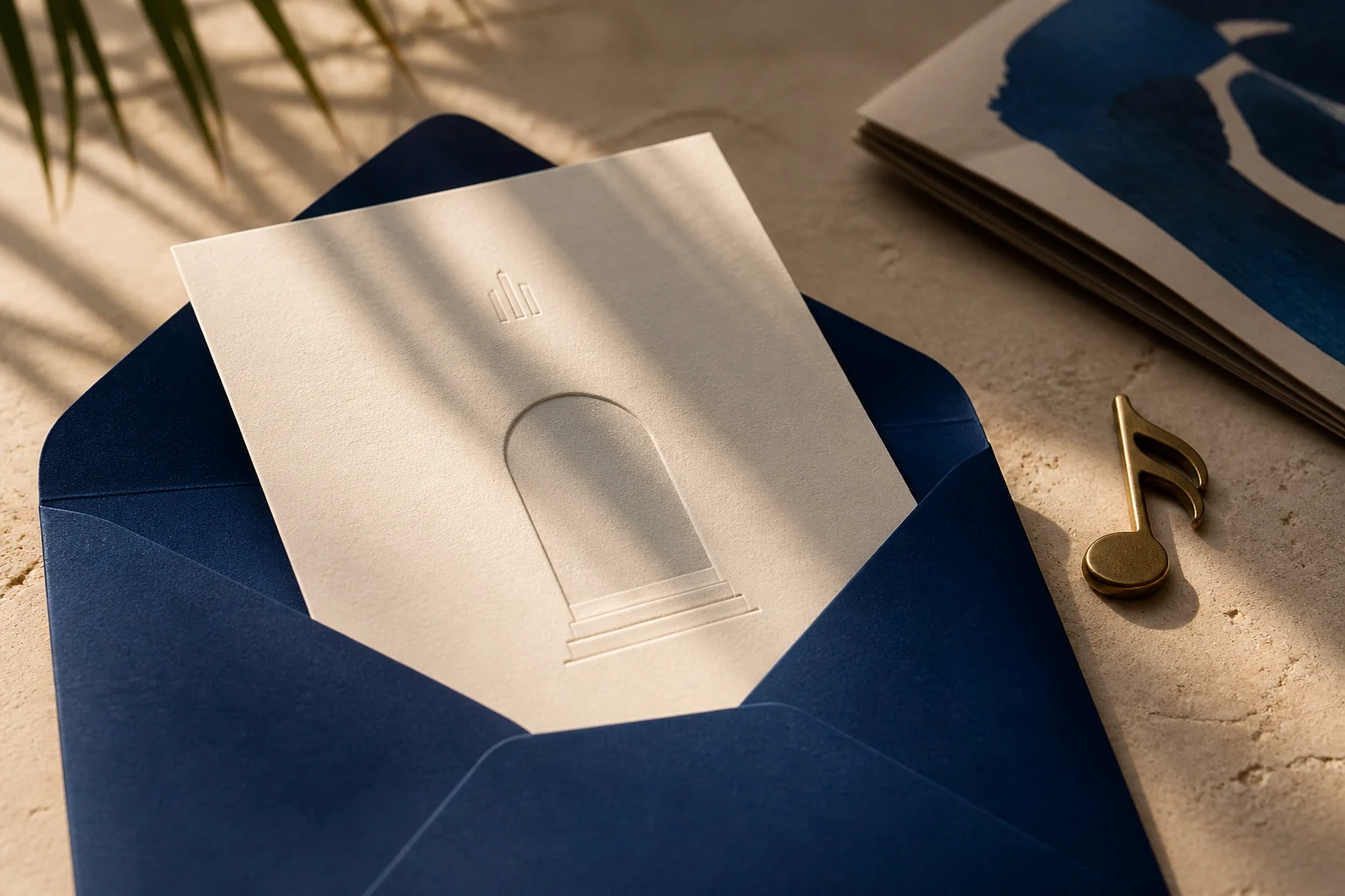 A cobalt-blue envelope and embossed invitation card in warm South Florida light.