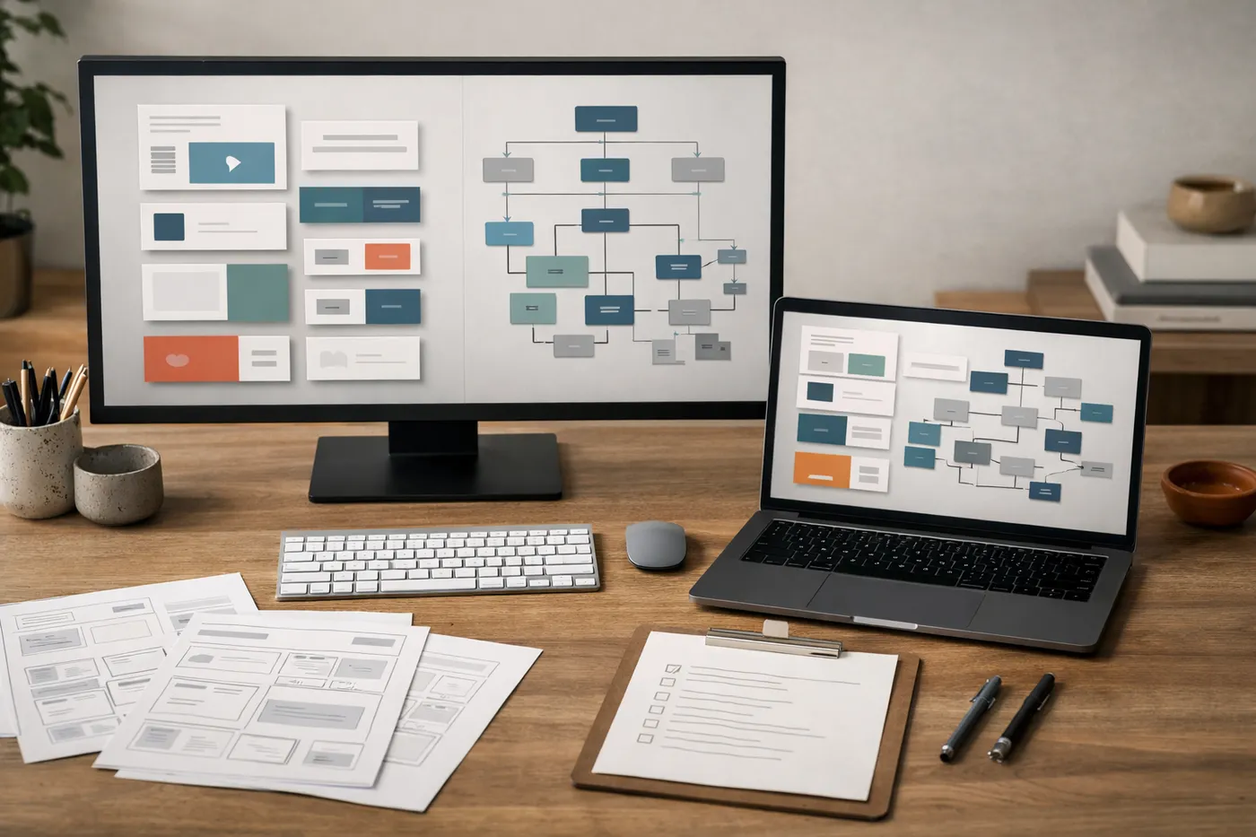 Premium website system workspace with page architecture, brand palette, and interface planning materials for Foundry.