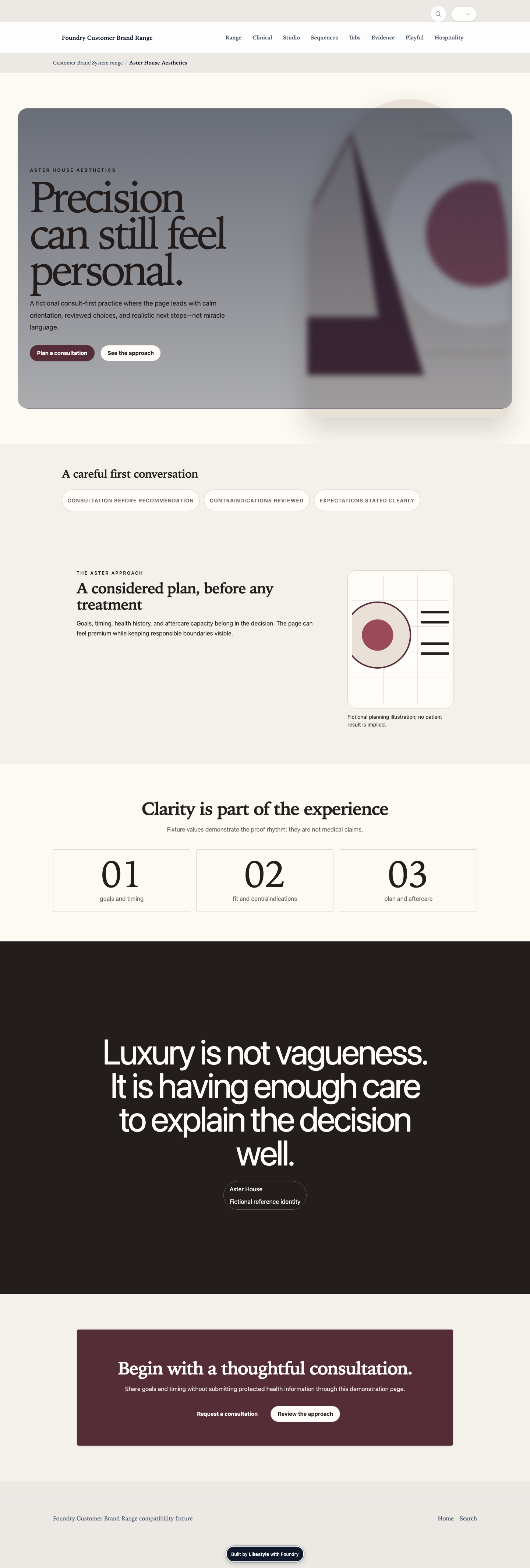 Clinical luxury Foundry demonstration for a fictional aesthetics practice with quiet editorial typography and consultation actions.