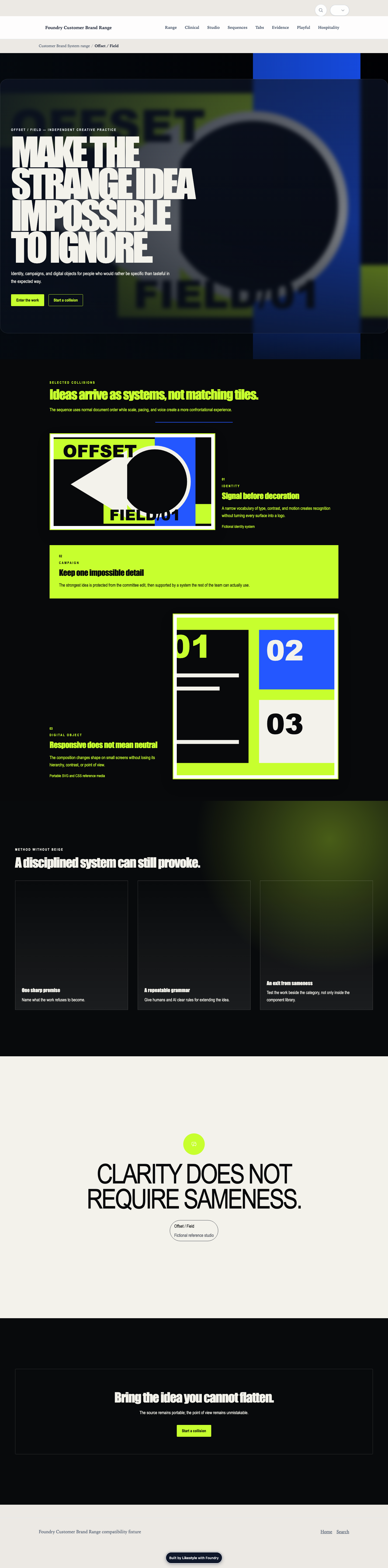 Experimental studio Foundry demonstration with high-contrast neon typography and visual identity.