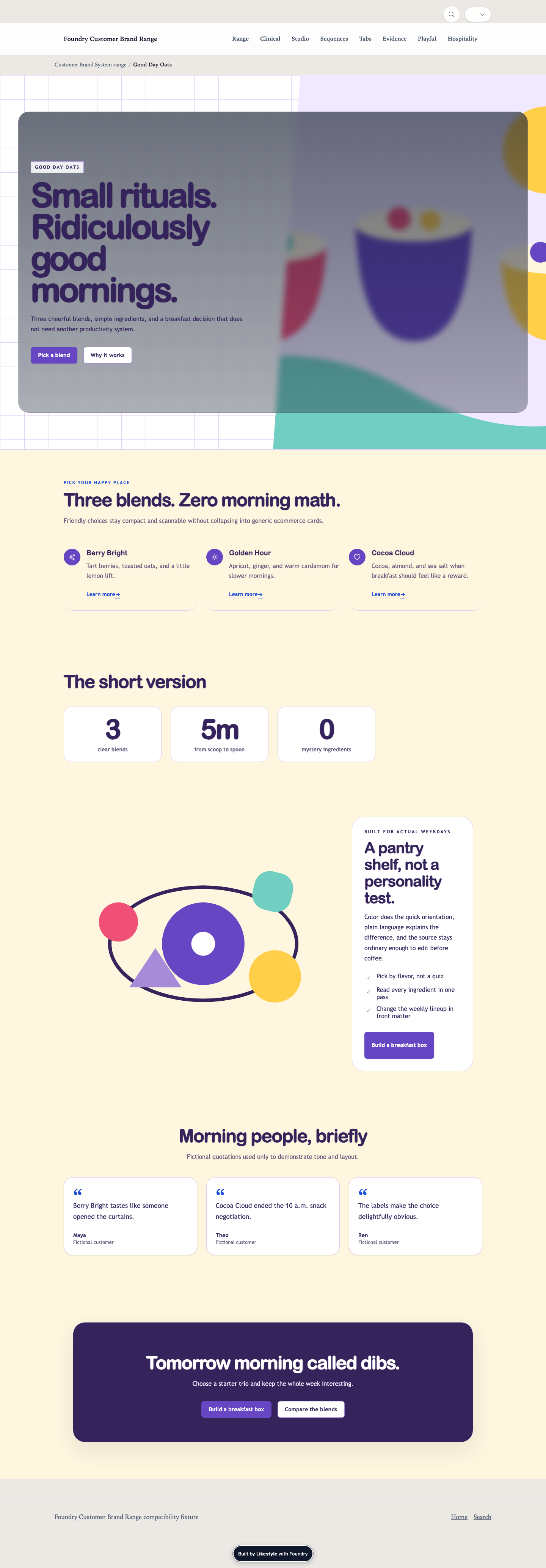Playful consumer Foundry demonstration for a fictional breakfast brand with colorful illustration and product choices.