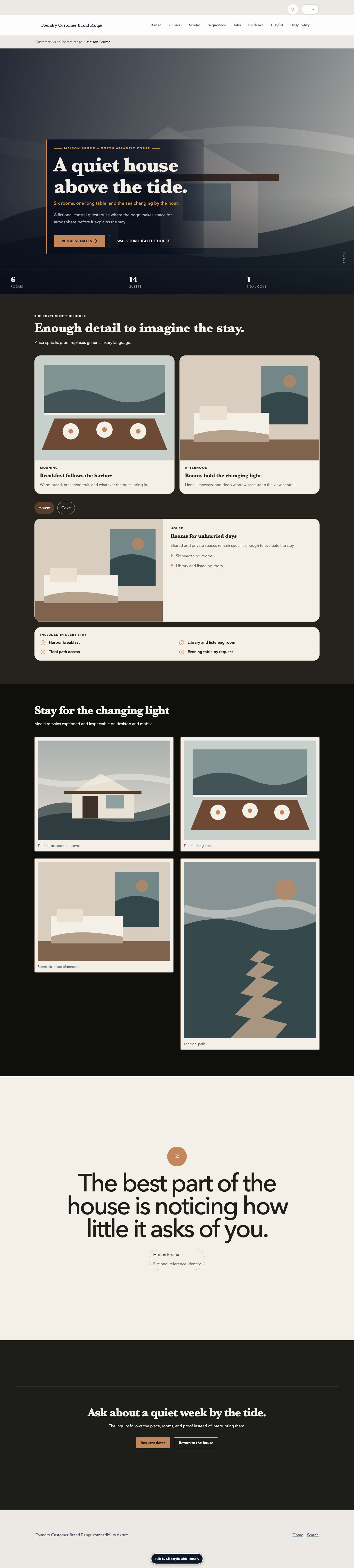Refined hospitality Foundry demonstration for a fictional quiet coastal house with gallery and booking call to action.