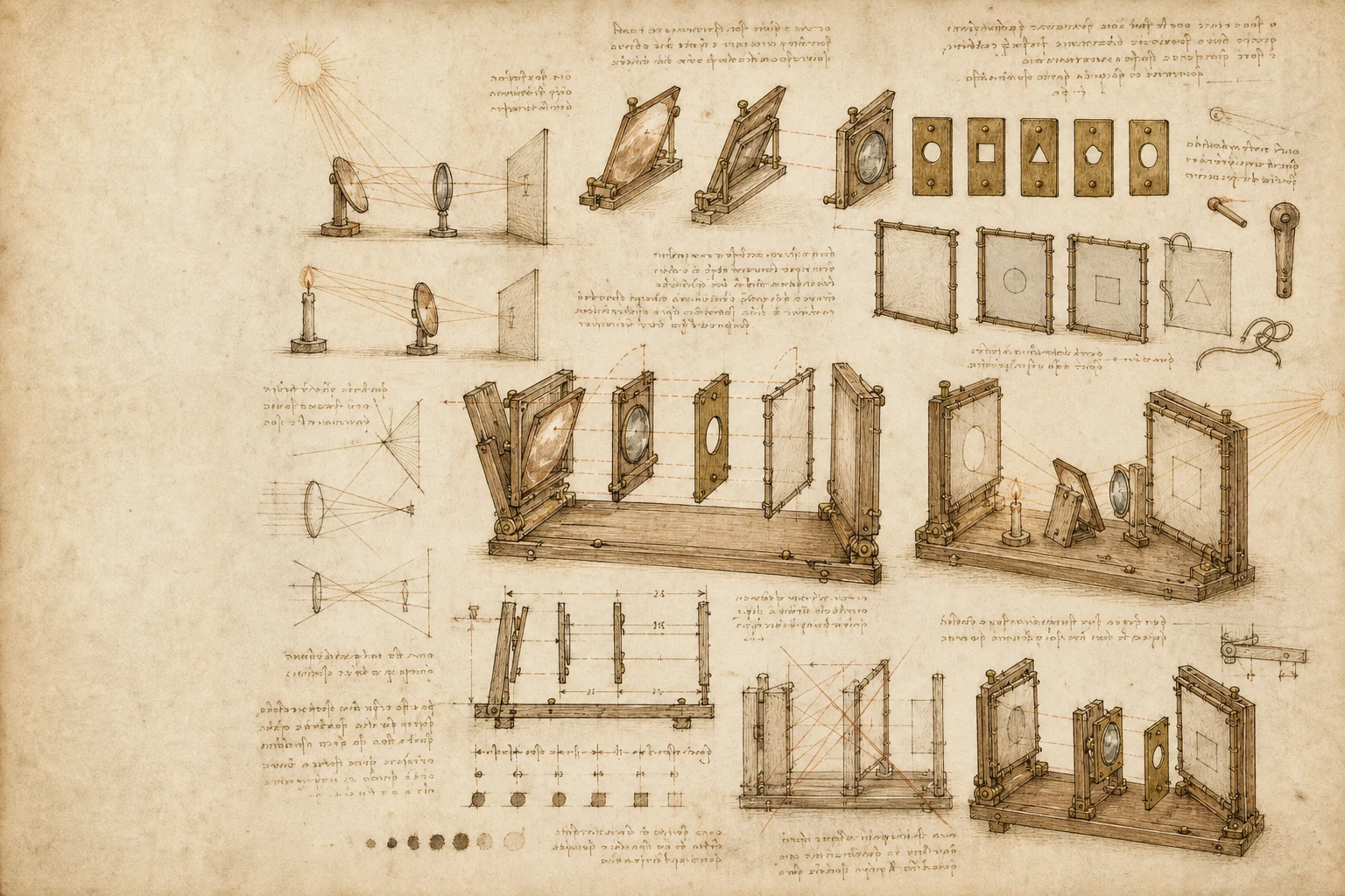 Contemporary Da Vinci-inspired notebook illustration: light rays, lenses and a sequence of optical mechanisms.