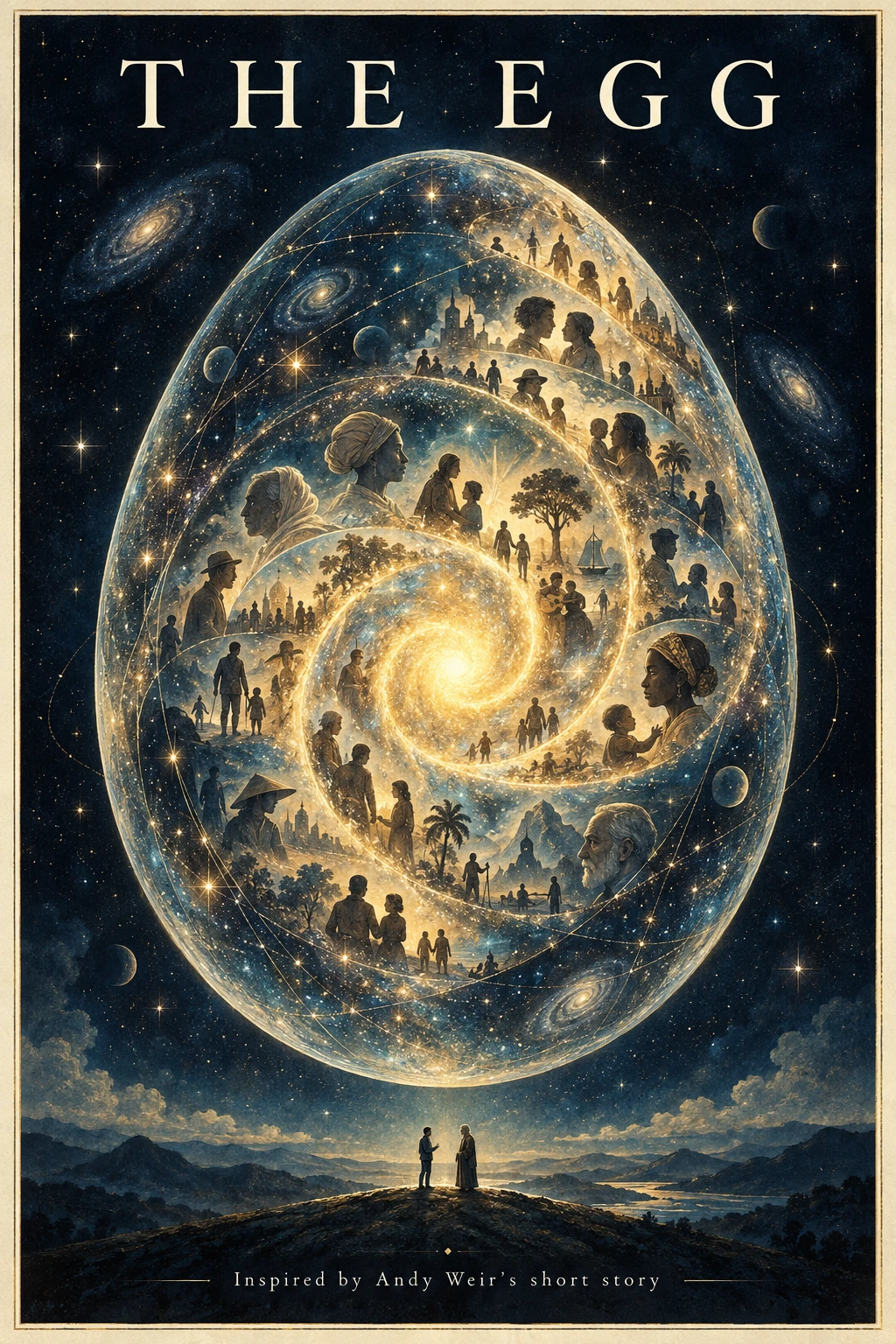 The Egg: human lives gathered into a luminous egg and golden spiral, against a deep blue universe.