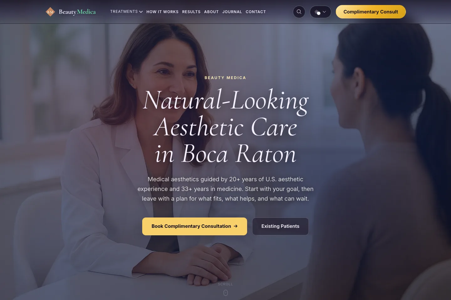 Beauty Medica homepage showing its natural-looking aesthetic care positioning and consultation path.