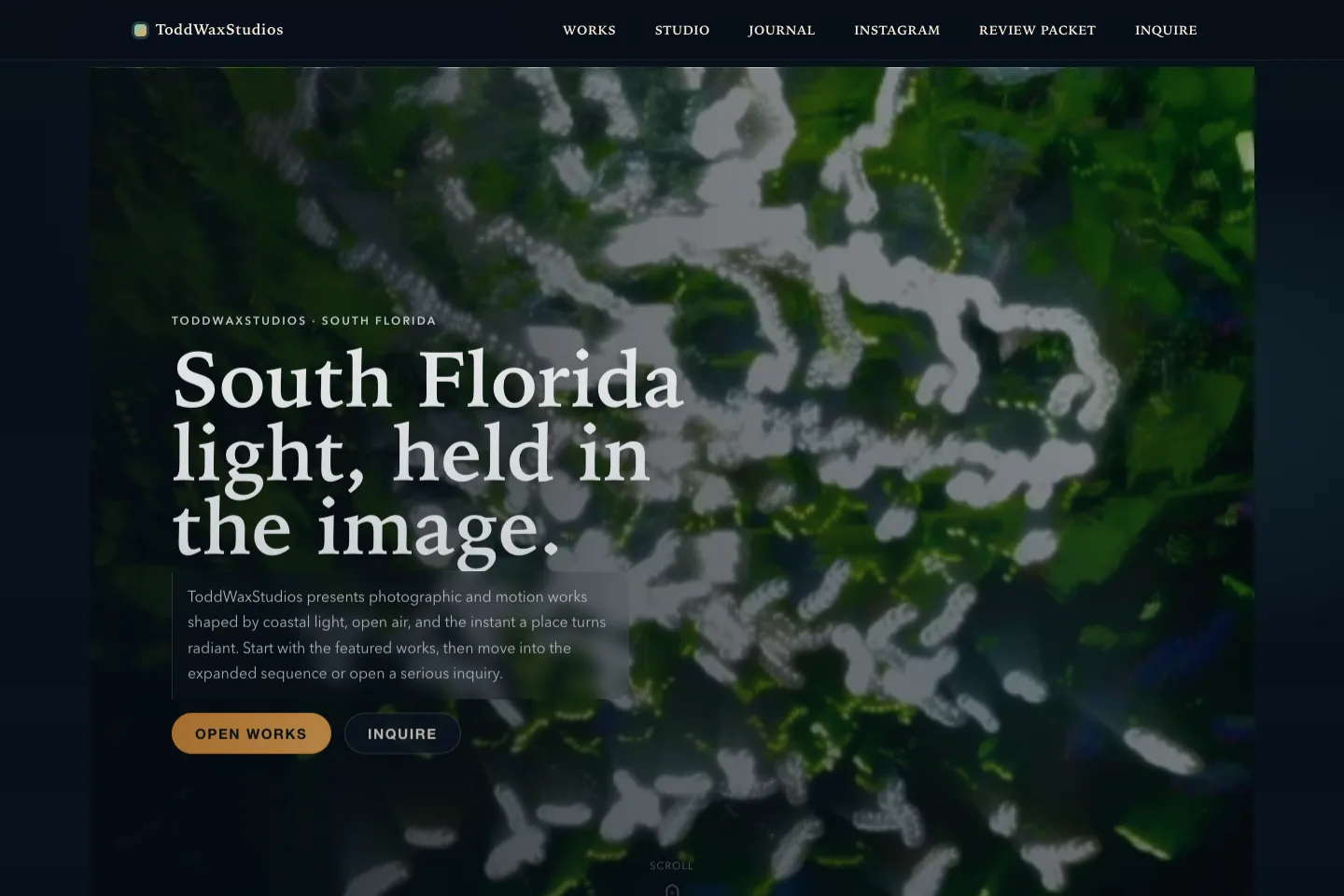 ToddWaxStudios homepage presenting South Florida light and photographic work.